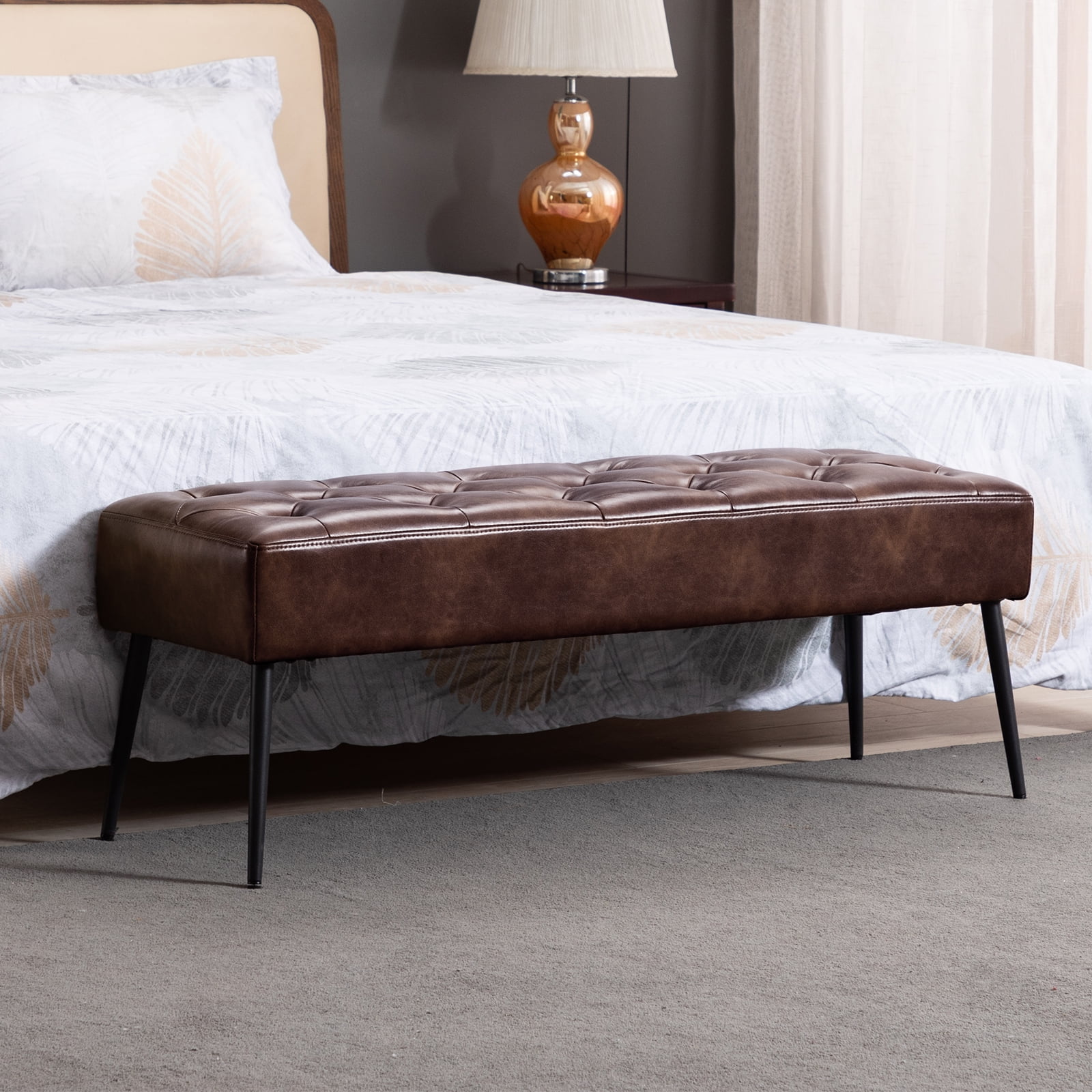 Duhome Dark Brown Faux Leather Bench, Mid-century Modern, Tufted