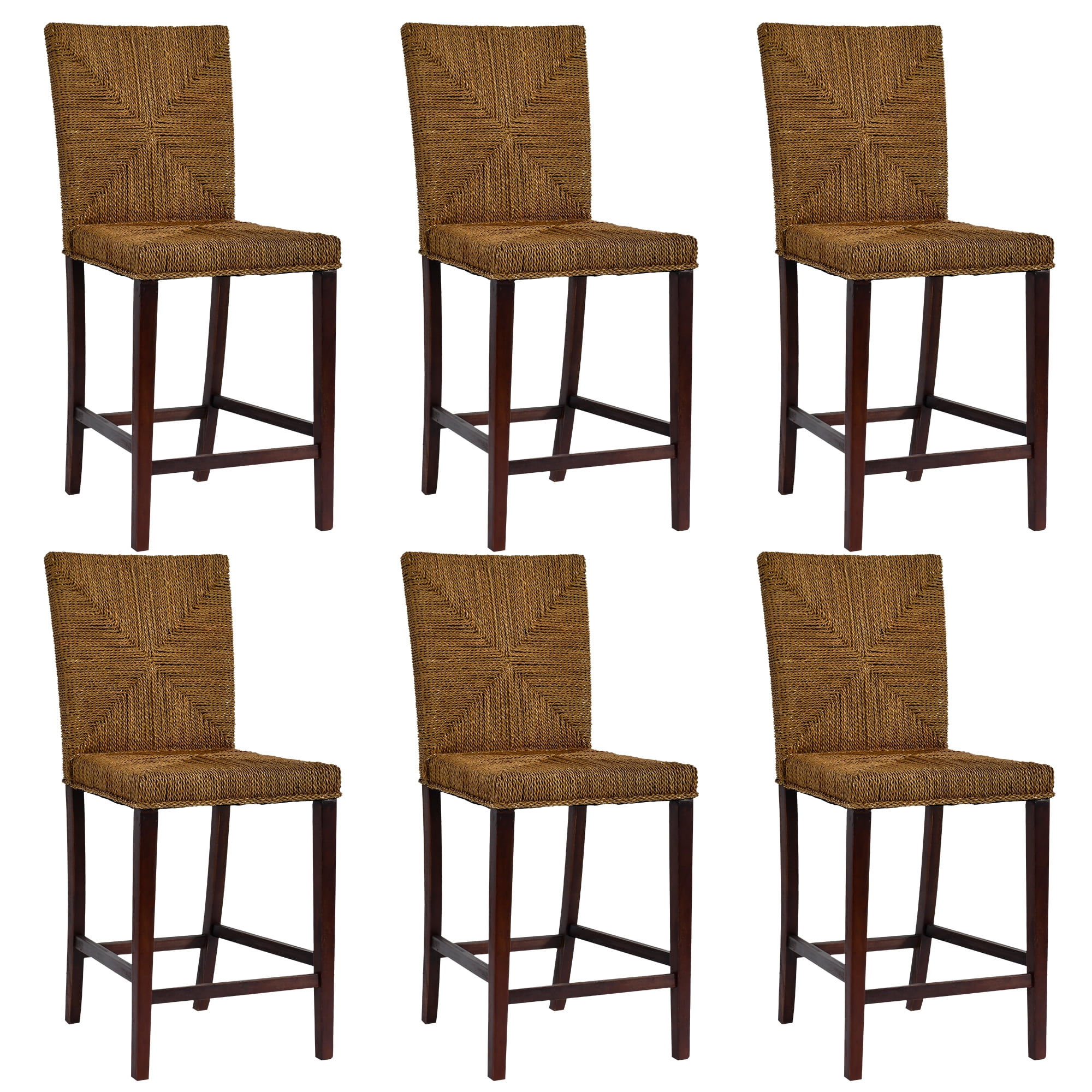 Duhome Handwoven Seagrass Rattan Bar Stools Counter Height Chairs with Mahogany Wood Frame,Set of 6
