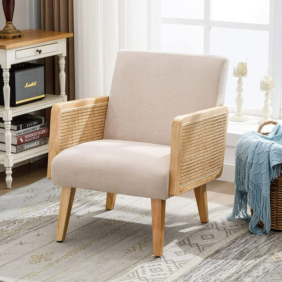 Duhome Mid Century Accent Chair with Rattan Armrests, Fabric Upholstered Wood Frame Reading Armchair for Living Room Bedroom, Beige