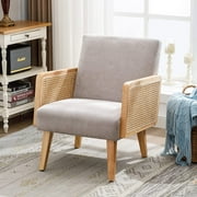Duhome Mid Century Accent Chair with Rattan Armrests, Fabric Upholstered Wood Frame Reading Armchair for Living Room Bedroom, Gray
