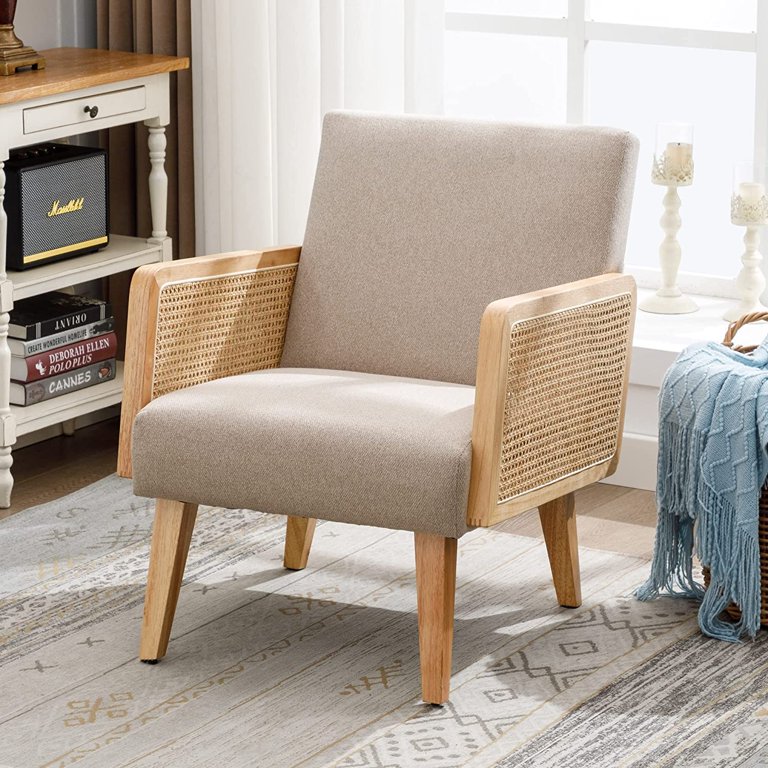 Duhome Fabric Accent Chair Mid-century Reading Chair Rattan Armchair for  Living Room Small Chair for Bedroom Wood Frame, Linen Beige