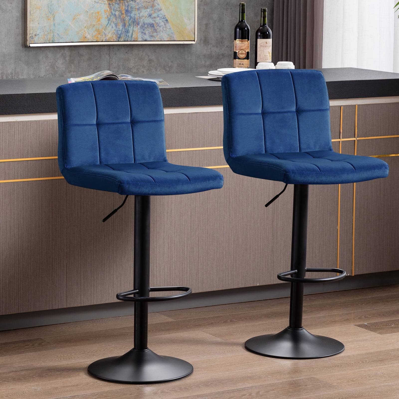 Duhome Modern Bar Stools Set of 2 Adjustable Height Counter Stools with Back Kitchen Island Stool Velvet Blue