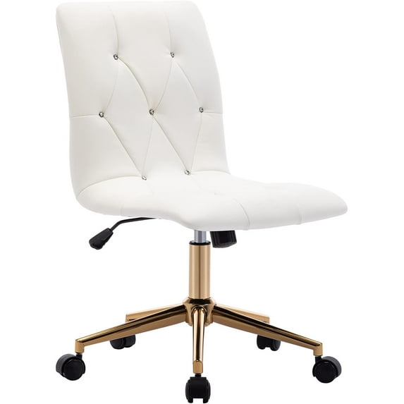 DUHOME Modern Home Office Chair,Cute White Desk Chair with Gold Base, PU Leather Task Chair Computer Chair Rolling Chair with Wheels, Armless Vanity Chair for Teens