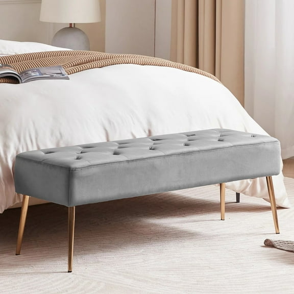 Duhome Modern Velvet Bench Ottoman Upholstered Bench Footrest Stool Tufted Indoor Bench with Gold Metal Base Legs for Entryway Living Room Bedroom Gray