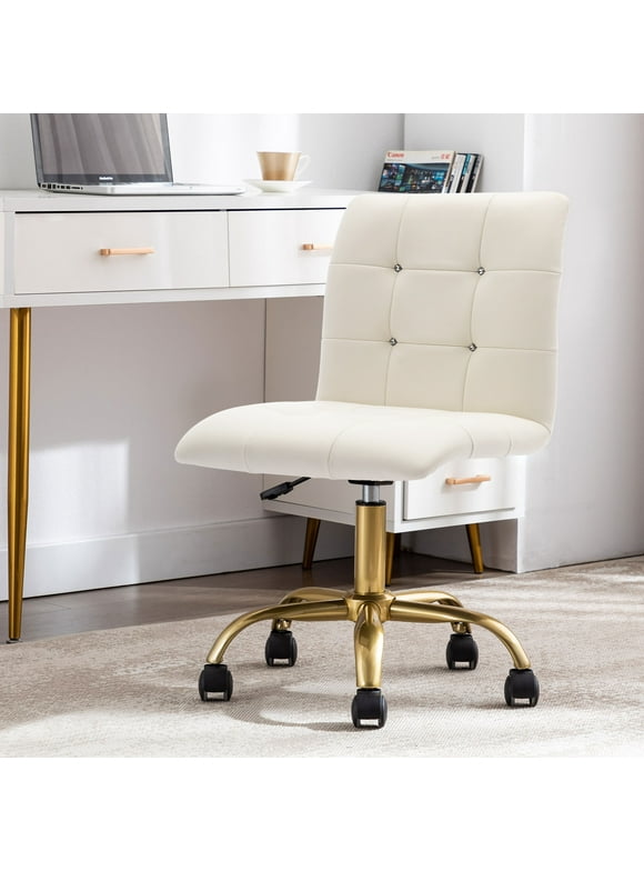 Duhome PU Leather Home Office Chair, White Desk Chair Tufted Vanity Chair with Wheels for Bedroom