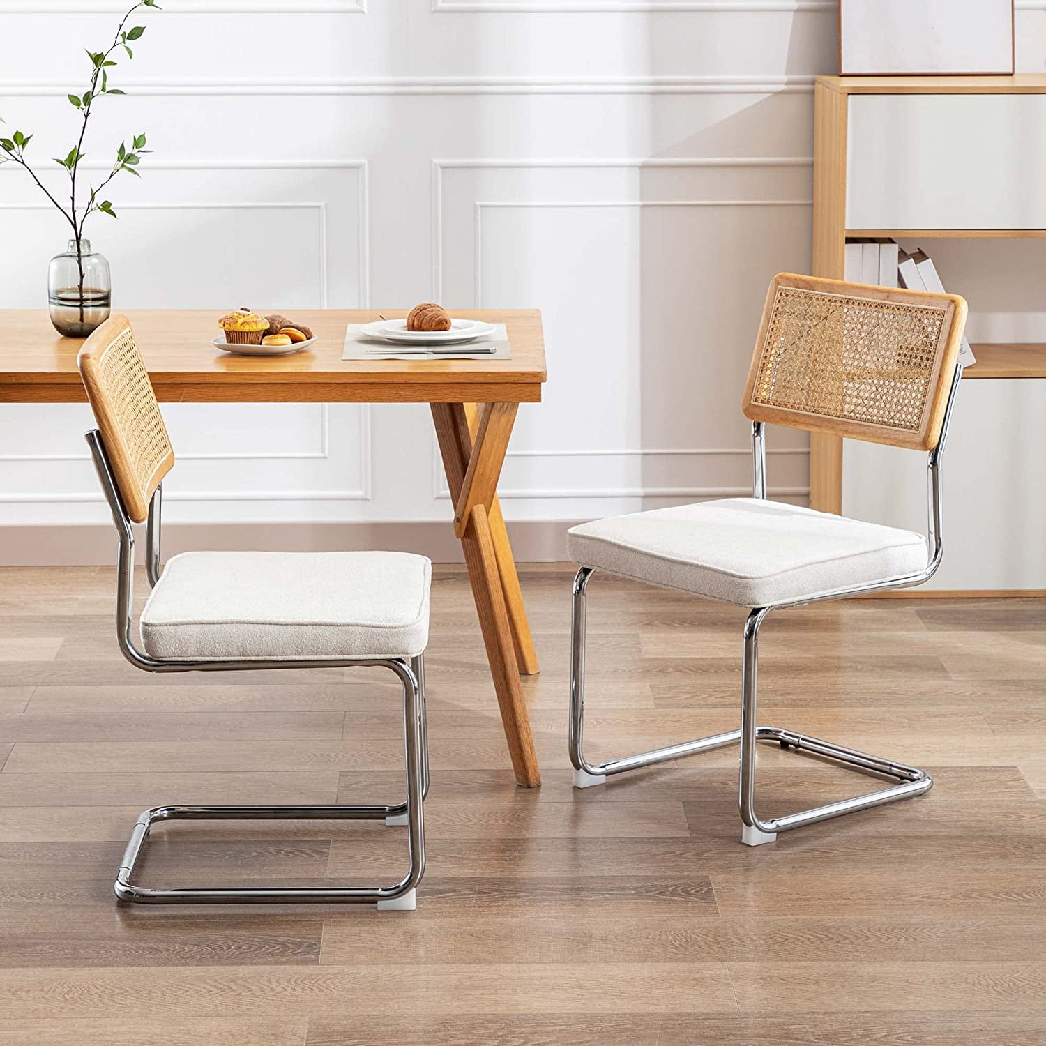 Duhome Rattan Dining Chairs Set of 2 Upholstered Side Chairs with Cane Back and Metal Legs Mid Century Modern Dining Living Room Kitchen Chairs