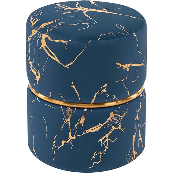 Duhome Round Ottoman Footstools Velvet Vanity Stool Furry Makeup Stool for Bedroom Living Room Decorative Padded Small Bench, Blue and Gold