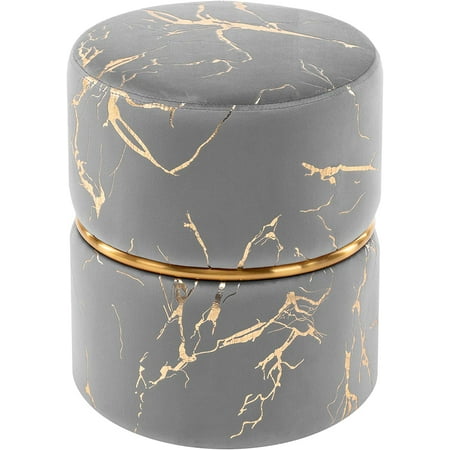 Duhome Round Ottoman Footstools Velvet Vanity Stool Furry Makeup Stool for Bedroom Living Room Decorative Padded Small Bench, Gray and Gold