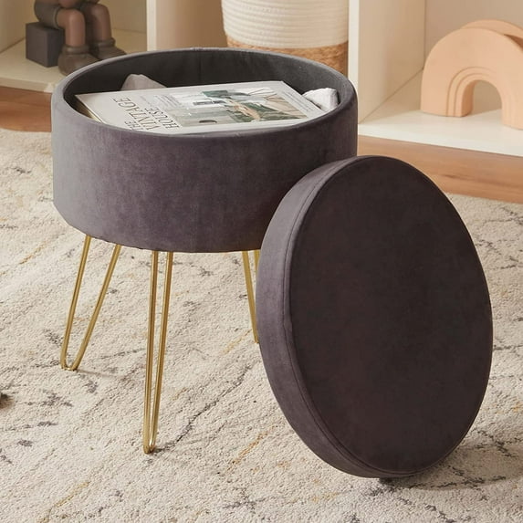 Duhome Round Storage Ottoman with Tray Velvet Vanity Makeup Stool Side Table End Table Footstool with Gold Metal Legs for Living Room, Gray