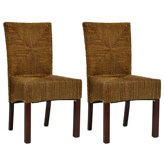 Duhome Set of 2 Mahogany and Woven Seagrass Rope Dining Chairs, Rustic Farmhouse Design