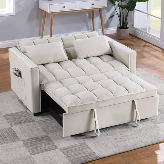 Duhome Sleeper Sofa Bed 3 in 1 Tufted Convertible Couch Bed Pull Out Velvet Loveseat with Reclining Adjustable OSS Pillows and Pockets,Beige