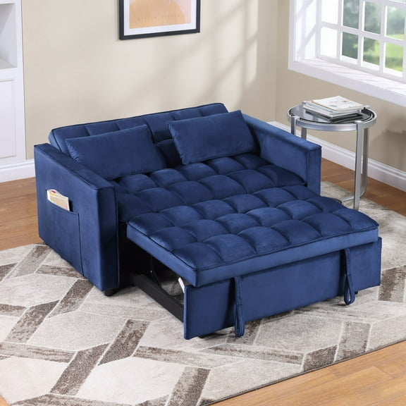 Duhome Sleeper Sofa Bed 3 in 1 Tufted Convertible Couch Bed Pull Out Velvet Loveseat with Reclining Adjustable OSS Pillows and Pockets,Blue