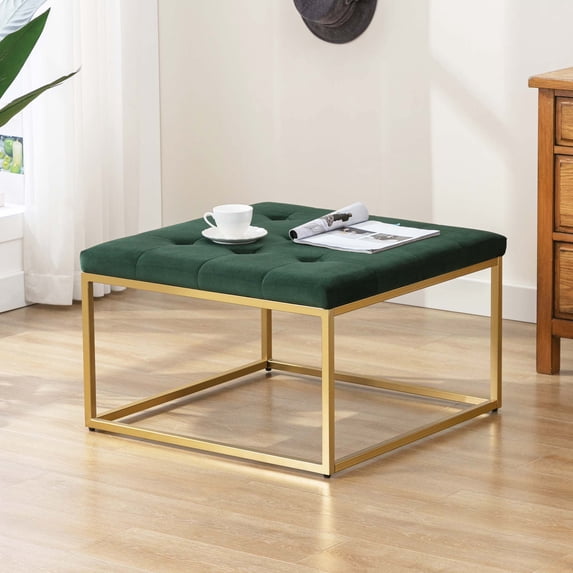 Duhome Square Ottoman Coffee Table Upholstered, Modern Tufted Ottoman with Metal Base Footrest Ottoman for Living Room, Velvet Green