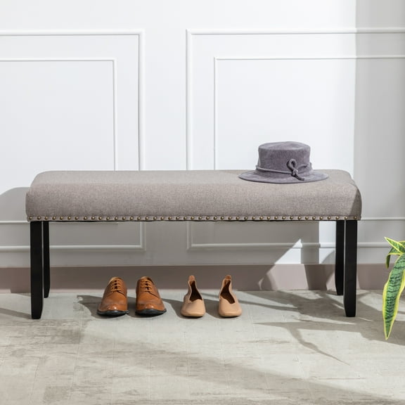 Duhome Upholstered Bench with Nailhead Trim, Mid-Century Dining Bench Entryway Bench with Wooden Legs Bench for Bedroom, Linen Khaki
