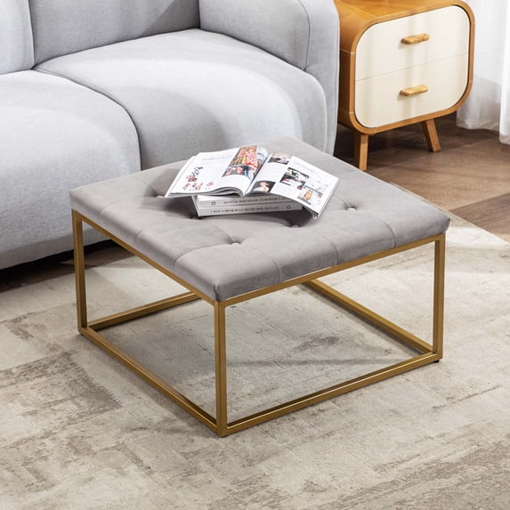 Duhome Upholstered Square Ottoman Coffee Table, Modern Tufted Ottoman with Metal Base Footrest Ottoman for Living Room, Velvet Black