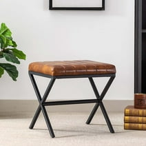 Duhome Vanity Stool, Modern Square Ottoman Stool with Metal Base Faux Leather Ottoman Footstools for Living Room Bedroom, Brown