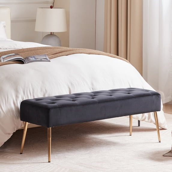 Duhome Velvet Bench Ottoman, Upholstered Bedroom Bench Footrest Stool Button-Tufted, Black