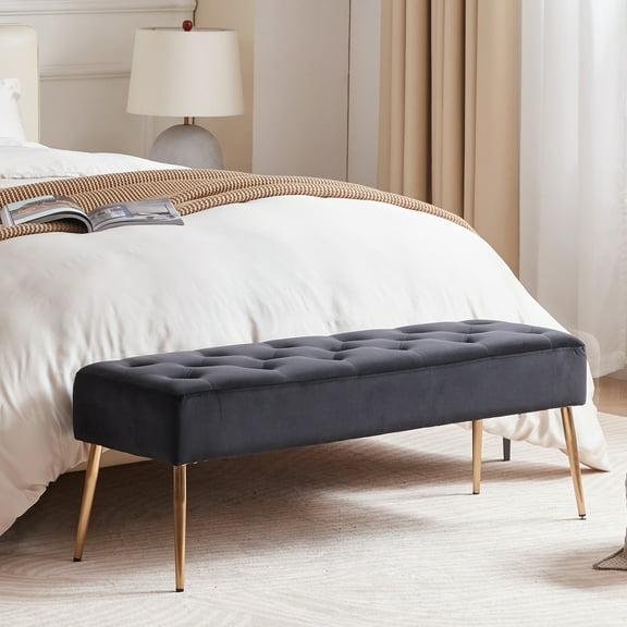 Duhome Velvet Bench Ottoman, Upholstered Bedroom Bench Footrest Stool Button-Tufted, Black