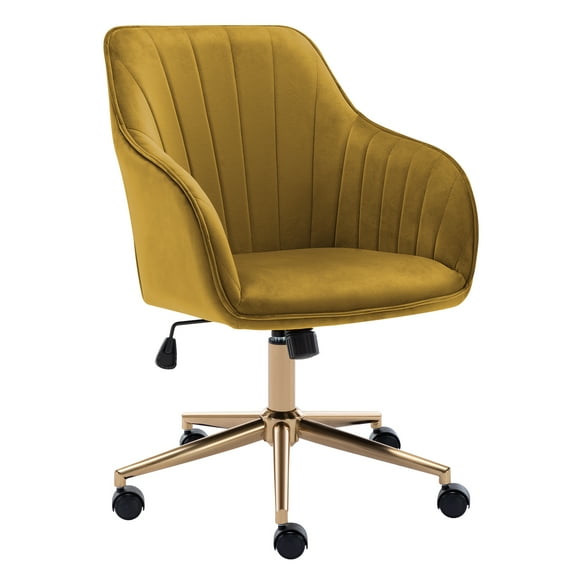 Duhome Velvet Desk Chair with Arms, Swivel Adjustable Office Chair Computer Task Chair with Wheels, Yellow and Gold