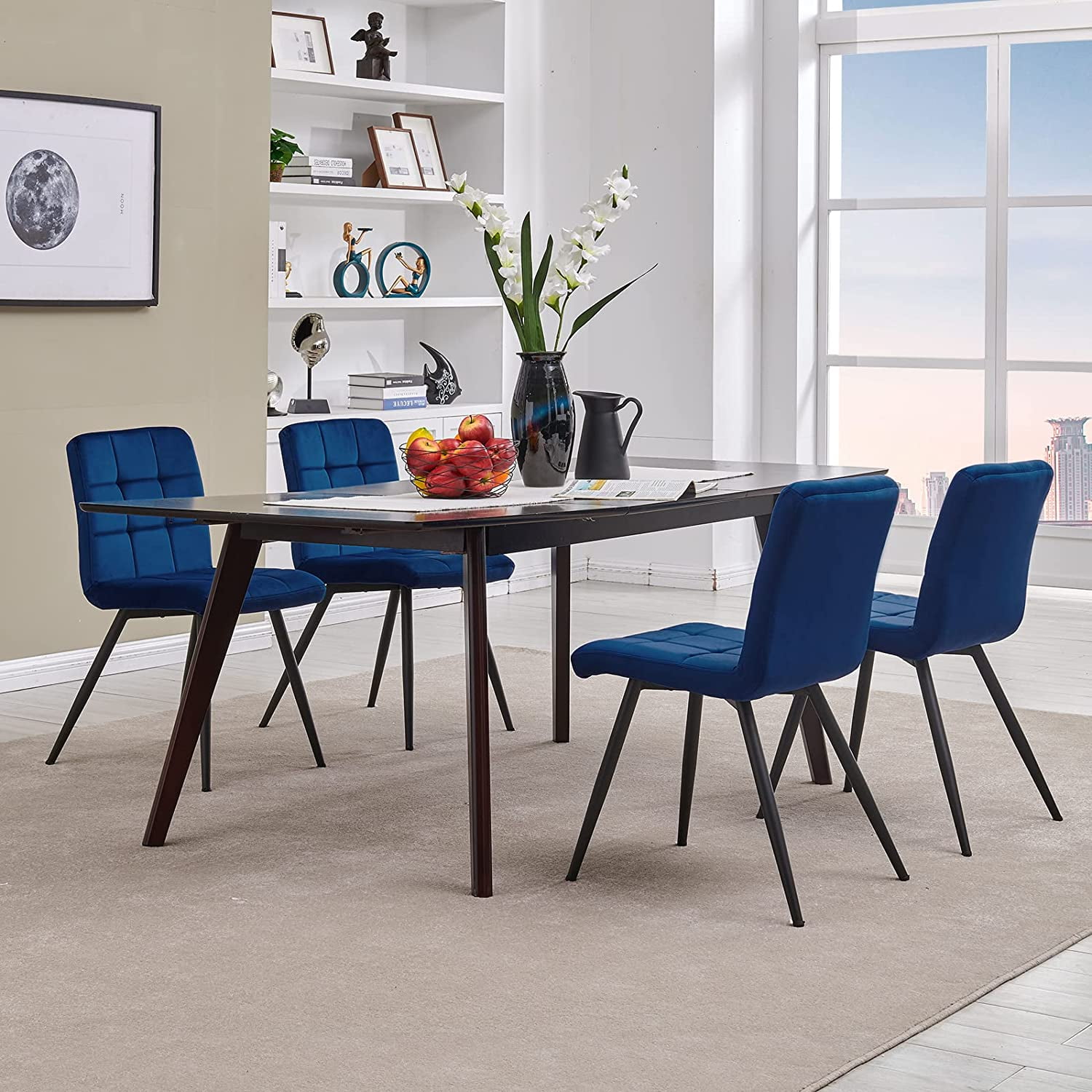 Modern Blue Velvet Upholstered Side Chair with Black Metal Legs