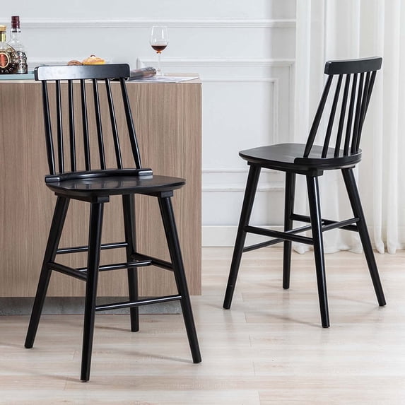 Duhome Wood Bar Stools Set of 2, Farmhouse Counter Stools 24" Barstool with Back Counter Height Chairs for Kitchen Island Windsor Stool, Black