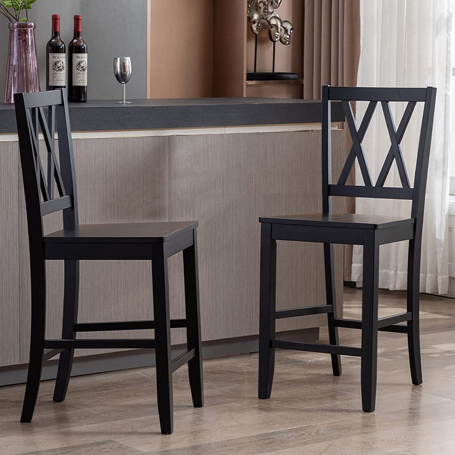 Duhome Elegant Lifestyle Wooden Counter Height Bar Stools Set of 2, Cross Back, Black