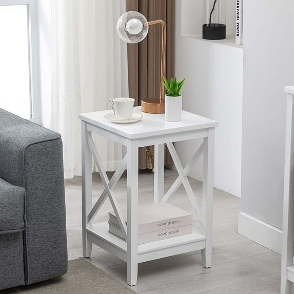 Duhome Wood End Table with Storage, Farmhouse Small Side Table Square Nightstand Bedside Table for Living Room Bedroom, White