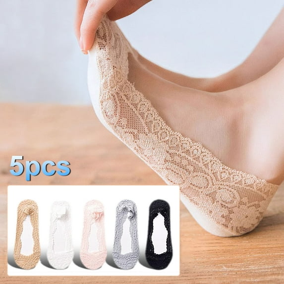 Dujiujun 5 Pairs Women Lace Socks Low-cut Sallow Invisible High Heels Boat Socks Solid Color High Elasticity Anti-slip Sweat-absorption Anti-shrink Summer Short Socks