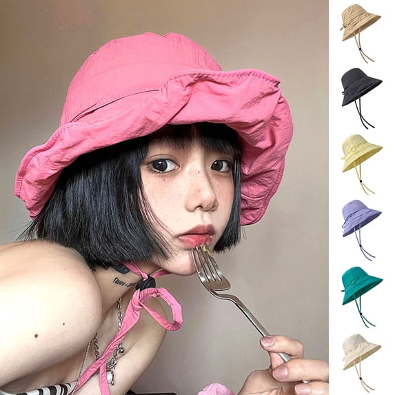 Dujiujun Bucket Hat Windproof Rope Thin Casual Washable Pleated Sun-resistant Solid Color Breathable Women Summer Sun Hat for Daily Life