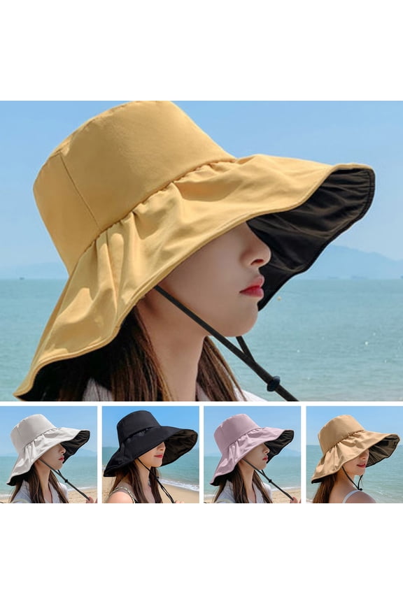 Women Fisherman Hat Sunscreen Anti-UV Face Protection Fasten String Big Brim Bucket Hats Beach Headwear