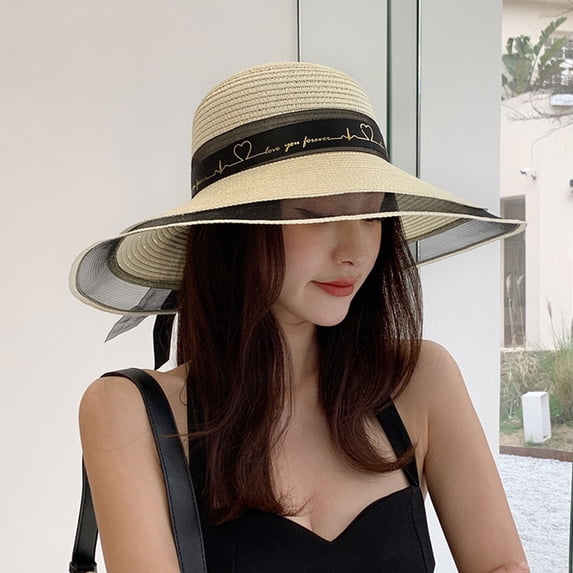 Dujiujun Women Straw Hat See-through Bow-knot Decor Mesh Patchwork Bandage Large Brim Anti-UV Sun Protection Elegant Summer Vacation Lady Summer Hat Headwear