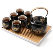 Dujust Black Porcelain Japanese Adult Tea Set for Drink, 27oz Teapot with Infuser & Lid & Spout & Handle, 6 Tea Cups, 1 Tray