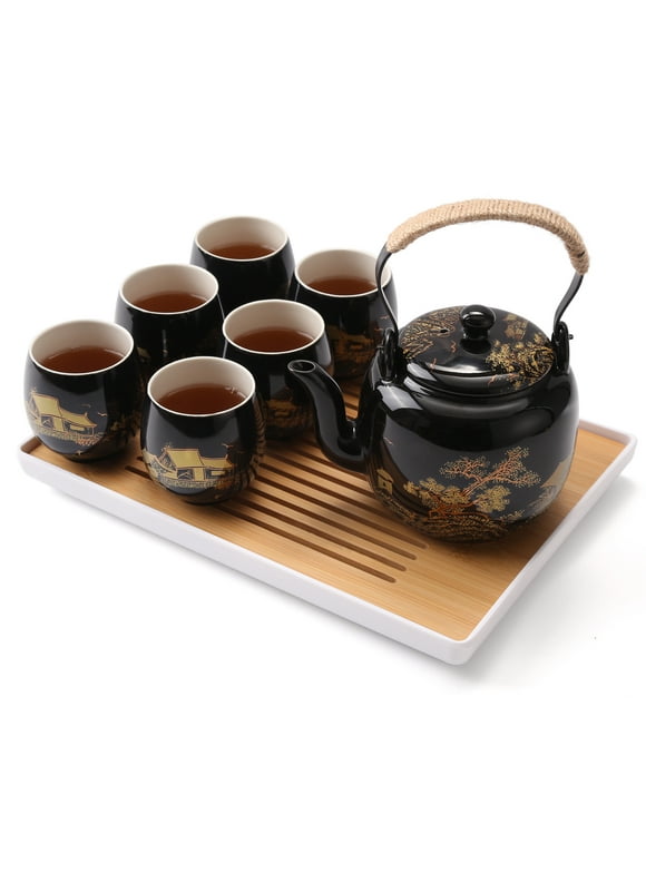 Dujust Black Porcelain Japanese Adult Tea Set for Drink, 27oz Teapot with Infuser & Lid & Spout & Handle, 6 Tea Cups, 1 Tray