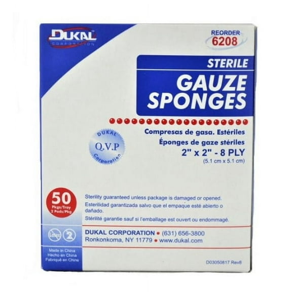 Dukal Gauze Sponges, Sterile, 2 x 2 Inch, 8-Ply - Box of 50