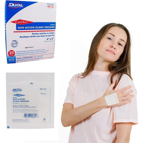Dukal Island Dressing. Pack of 25 Adhesive Dressings 4 x 4 for Wound Protection. Sterile dressings with Non-Adherent Island pad. Single use & Latex-Free.