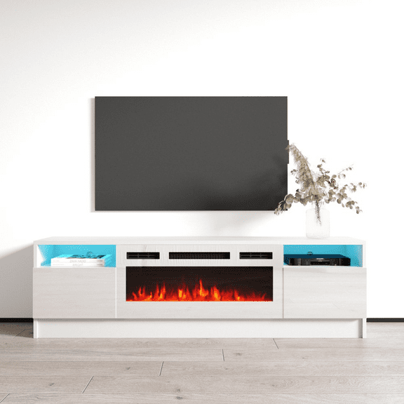 Duke 01 WH-EF Fireplace TV Stand for TVs up to 70", Modern High Gloss 63" Entertainment Center, Electric Fireplace TV Media Console with Storage Cabinets and LED Lights