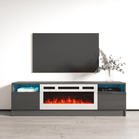 Duke 01 WH-EF Fireplace TV Stand for TVs up to 70", Modern High Gloss 63" Entertainment Center, Electric Fireplace TV Media Console with Storage Cabinets and LED Lights