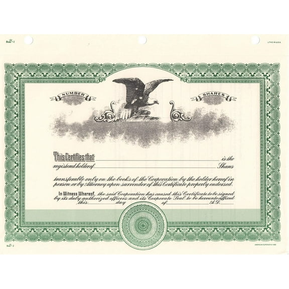 Duke #2 Light Green Stock Certificates with Intricate Blue Pattern, 8.5 x 11", 25 Counts