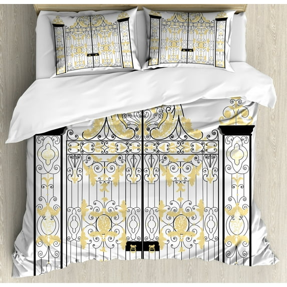 Duke Duvet Cover Set King Size, Kensington Palace Door Royal Family Duchess of Cambridge, Decorative 3 Piece Bedding Set with 2 Pillow Shams, Charcoal Grey Pale Yellow and White, by Ambesonne