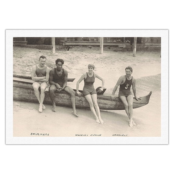 Duke Kahanamoku and Friends - Swimmers at Waikiki Beach Hawai’i - Vintage B&W Historical Photograph c.1910s - Fine Art Rolled Canvas Print 27in x 40in