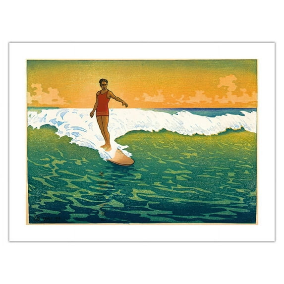 Duke Kahanamoku Surfing - Honolulu Hawaii - Vintage Colored Woodblock Print by Charles W. Bartlett c.1918 - Fine Art Matte Paper Print (Unframed) 18x24in