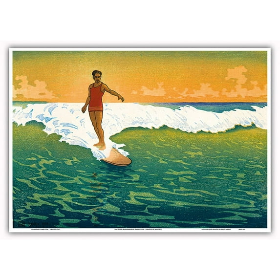 Duke Kahanamoku Surfing - Honolulu Hawaii - Vintage Colored Woodblock Print by Charles W. Bartlett c.1918 - Master Art Print 10in x 14in