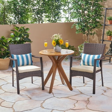 Duke Outdoor 3 Piece Acacia Wood and Wicker Bistro Set with Cushions, Teak, Multi Brown