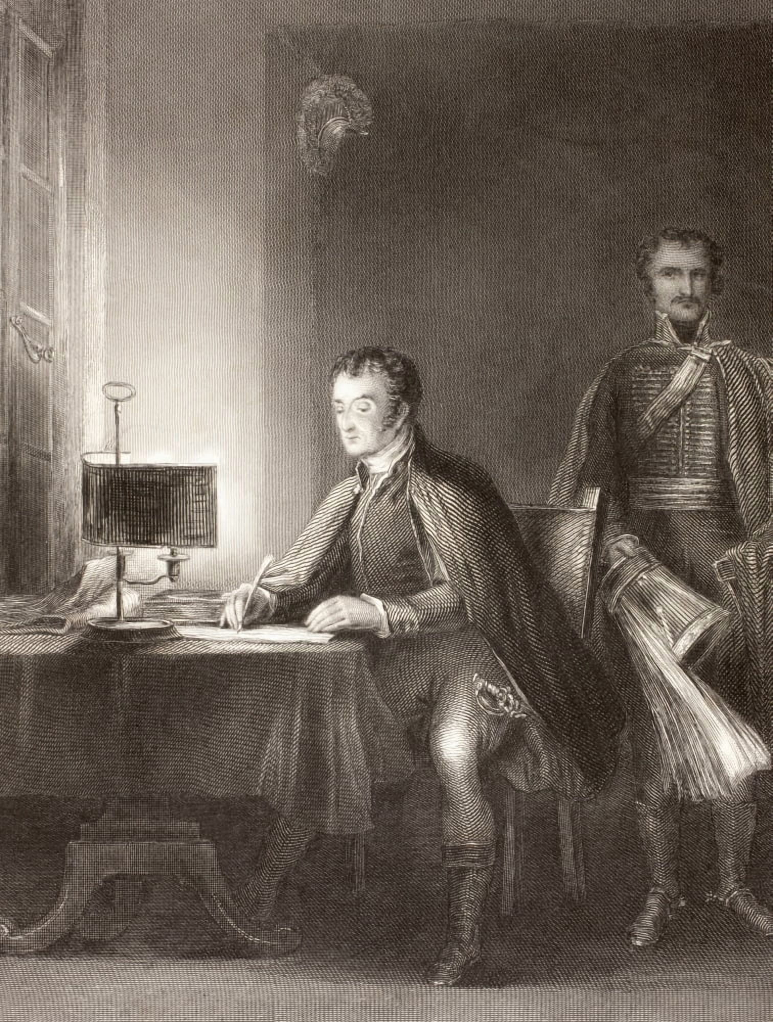 The Duke Of Wellington Writing His Despatches After A Sketch By Sir David Wilkie Engraved By W Greatbach Canvas Art - Ken Welsh  Design Pics (12 x 16)
