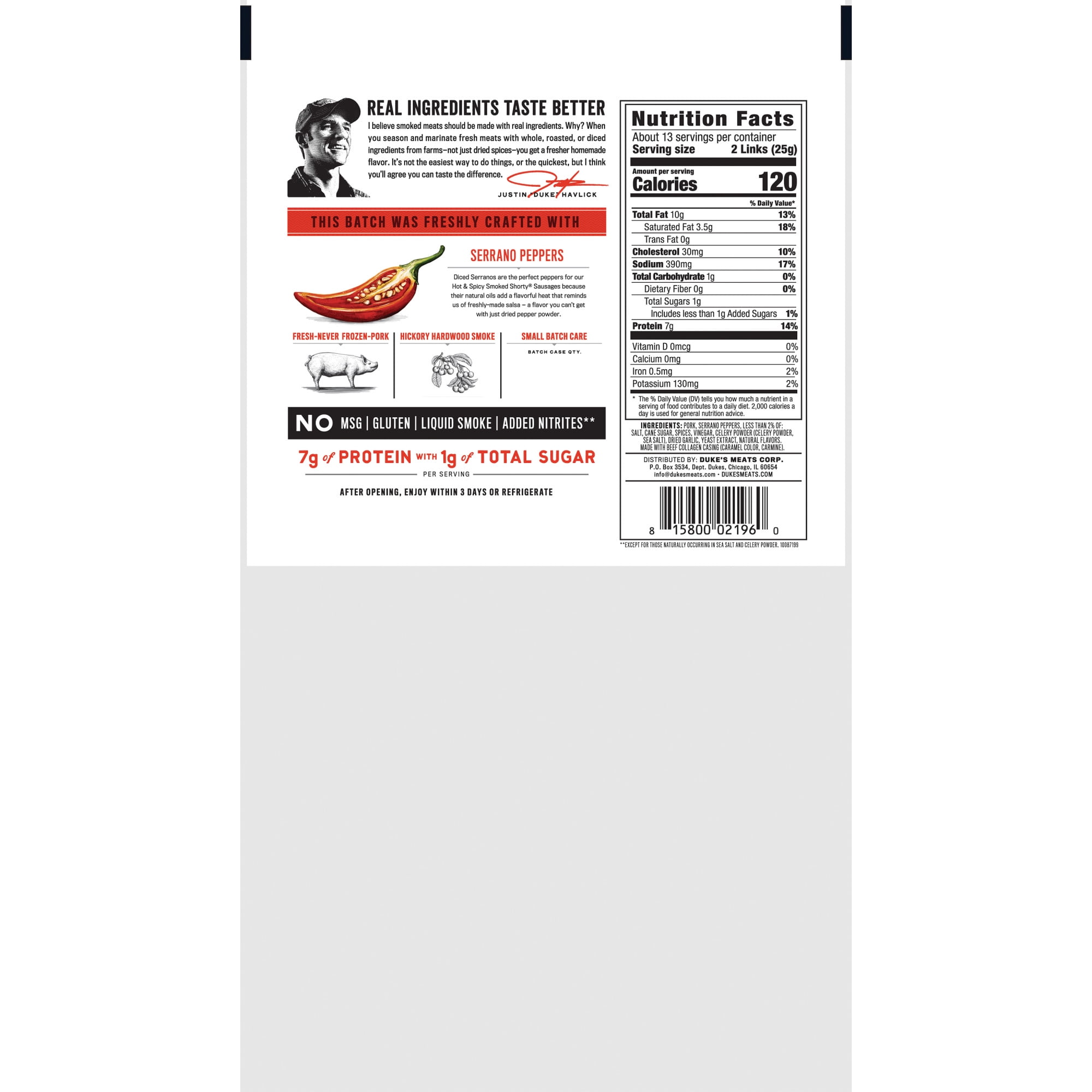 Duke's Pork Hot & Spicy Smoked Shorty Sausages, 7g Protein Per Serving, 12 oz.