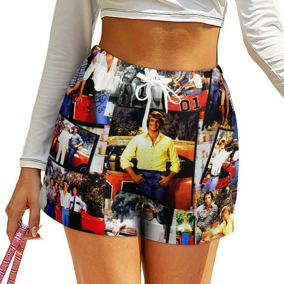 Dukes-of-Hazzard Shorts Womens Summer Beach Boardshort Drawstrng Elastic Waist Print Casual Loose Shorts with Pockets S