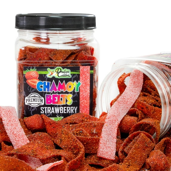 Dulces Colibri - Premium Dry Chamoy Coated Strawberry Sour Belts | Mess Free | Made to Order | Authentic Bold Mexican Flavors |10 oz Jar | Mix & Match Eligible