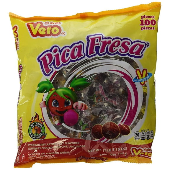 Dulces Vero Pica Fresa .. .. Chili Strawberry Flavor .. Gummy .. Mexican Candy, .. 100Piece, 1 .. LB, .. 5.15 OZ, Clear