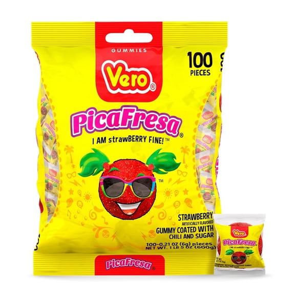 Dulces Vero Pica Fresa .. .. Chili Strawberry Flavor .. Gummy .. Mexican Candy, .. 100Piece, 1 .. LB, .. 5.15 OZ, Clear
