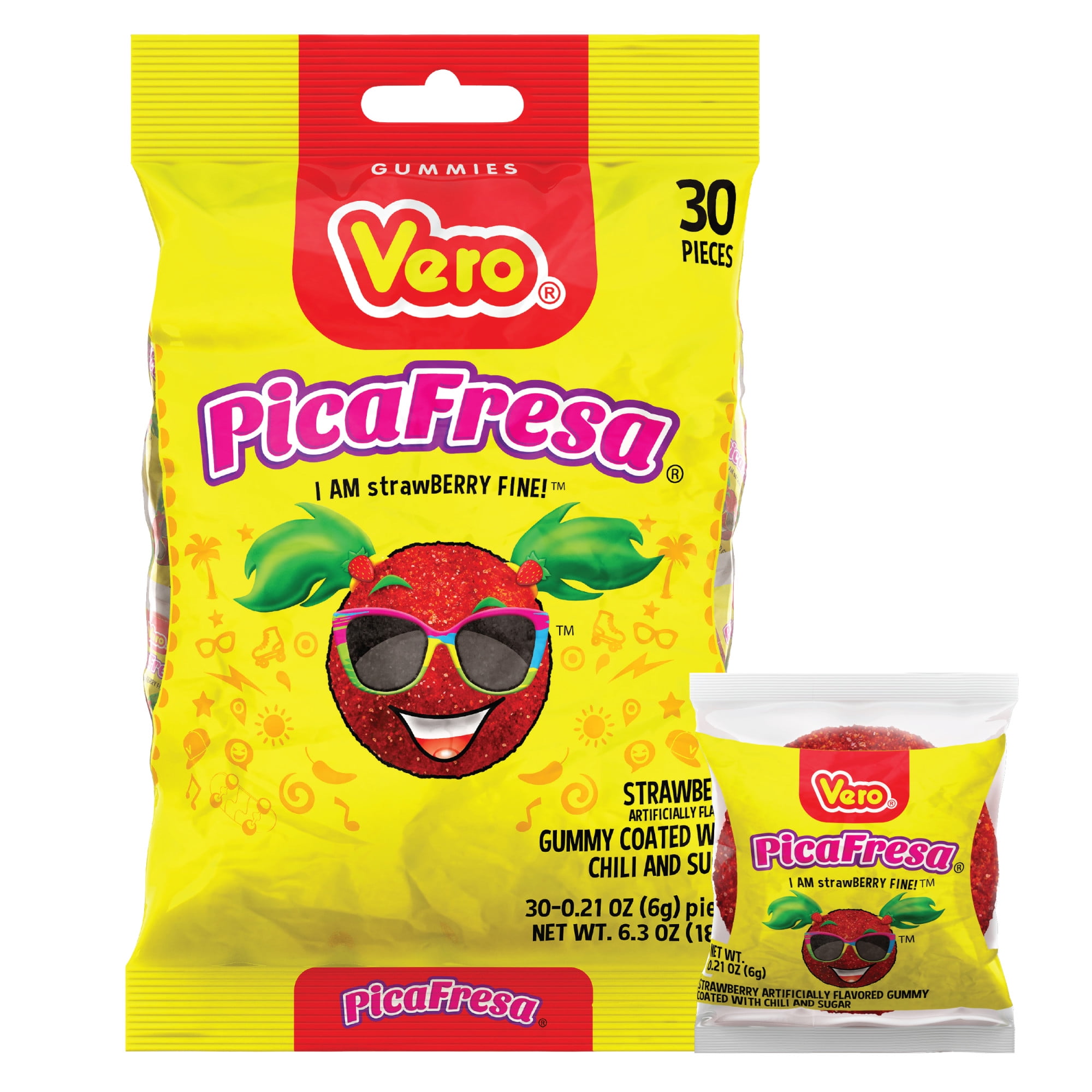 Dulces Vero Picafresa Strawberry Gummies with Chili Pepper Powder, 0.21 oz, 30 Count Bag